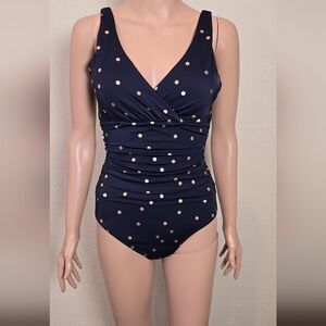 Boden Amalfi Navy Blue Gold Polka Dots One Piece Bandeau Swimsuit Women’s Size 6